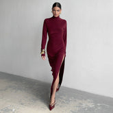 High Collar Slim Fit Long Sleeves High Slit Elegant Maxi Dress